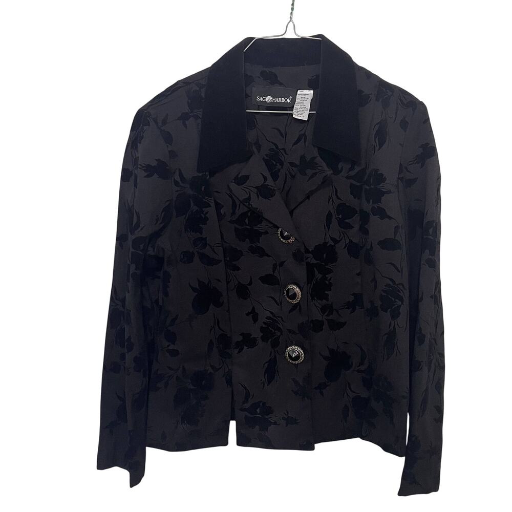 Vintage Sag Harbor Velvet Blazer Womens Size 12 Black Floral Burnout Whimsigoth